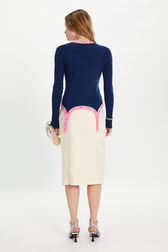 Jupe tailleur à rayures Pinstripes Ecru/rose vue portée de dos