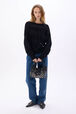 Pull col rond à manches longues en crochet coton ajouré Noir vue portée de face