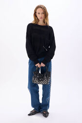 Pull col rond à manches longues en crochet coton ajouré Noir vue portée de face