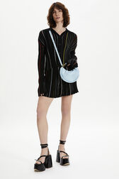 Women Multicolor Striped Pleated Shirt Black front worn view