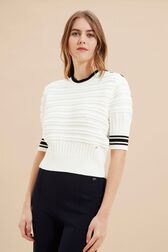 Women Cotton Knit Short Sleeve Sweater Ecru front worn view