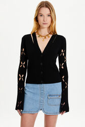 Women Black Cardigan Knit Openwork Flower Black details view 1