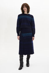 Fair Isle Print Wool Knit Crew-Neck Sweater Blue front worn view