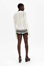 Women Multicolor Striped Pleated Shirt Ecru back worn view