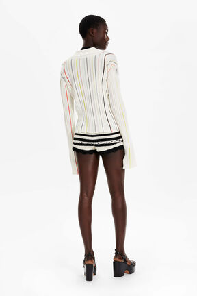 Women Multicolor Striped Pleated Shirt Ecru back worn view
