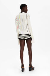 Women Multicolor Striped Pleated Shirt Ecru back worn view