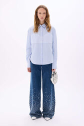 Chemise en coton à manches longues fines rayures Raye blanc / bleu vue portée de face