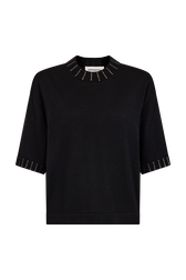 Pull manches courtes à encollure strassée Noir vue de face
