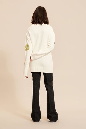 Women Floral Print Sweater Ecru back worn view