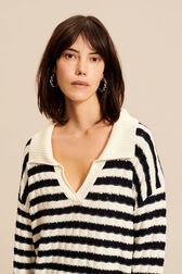 Pull vareuse col V femme Raye noir/bleu vue de détail 2