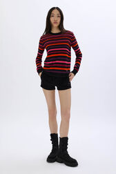 Striped long-sleeved round-neck sweater Striped multico front worn view