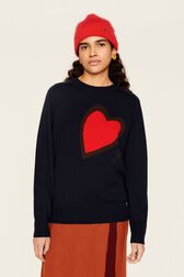 Women Heart Print Sweater Night blue front worn view