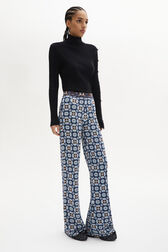Flower Jacquard Knit High-Waisted Flared Trousers Blue details view 1