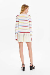 Women Picot Multicolor Striped Cardigan Multico white striped back worn view
