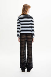 Women Poorboy knitted striped cardigan Striped black/bby blue back worn view