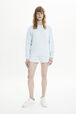 Women Velvet Sweatshirt Baby blue front worn view