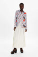 Women Cherry Print Twill Classic Shirt Baby blue front worn view
