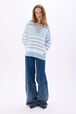 Striped cotton sailor sweater White/skyblue stripe front worn view