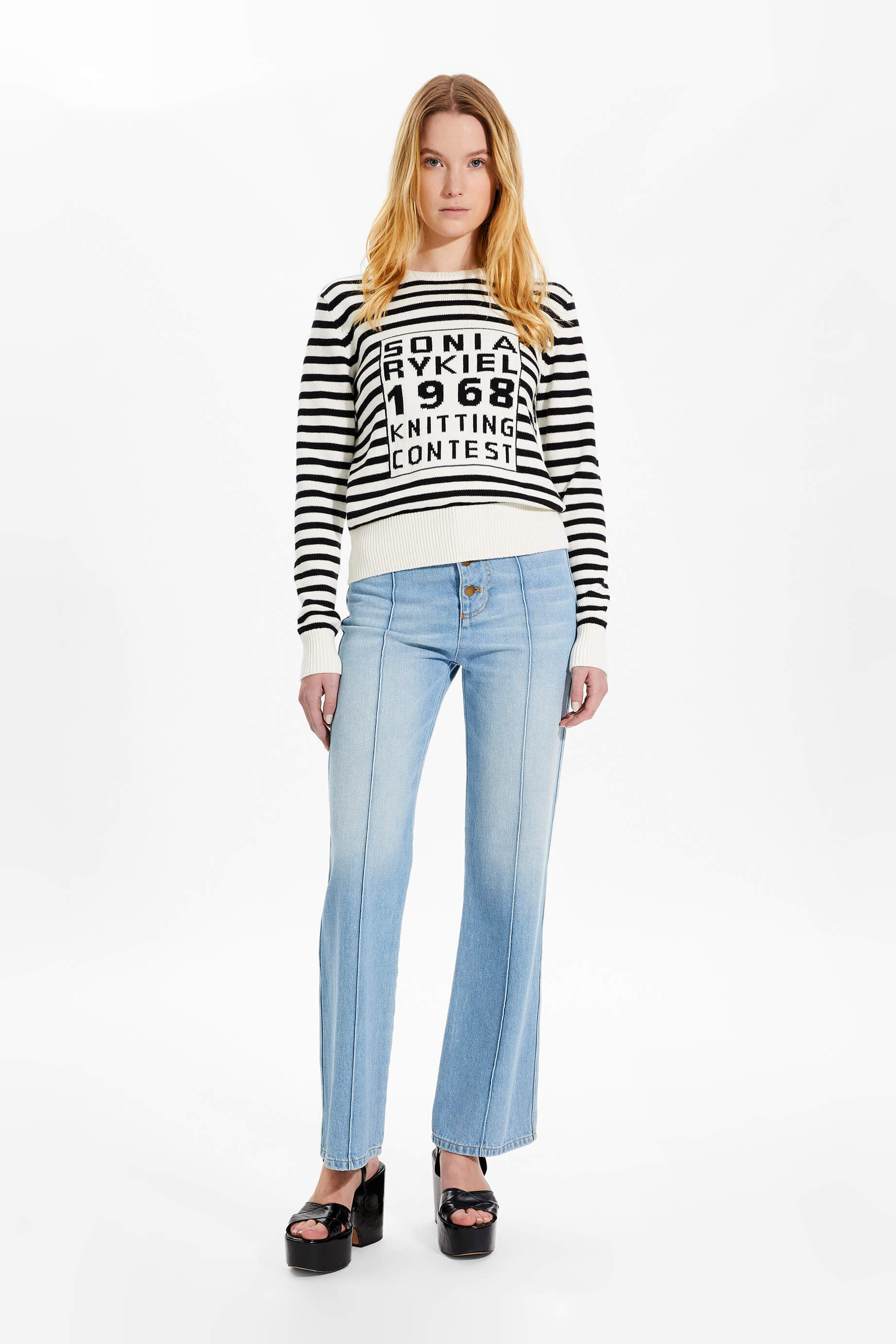 【値下げ】SONIA RYKIEL Cotton And Cashmere Round-neck Sweater ボーダーニット 23E49U98 ホワイト×ブラック サイズ：SIZE XS (EC) Striped round neck sweater 1968| Sonia Rykiel