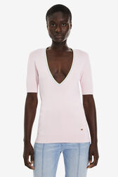 Pull décolleté V coloré viscose femme Baby rose vue de détail 1