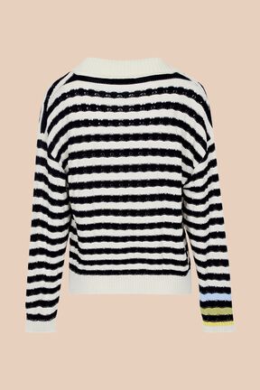 Pull vareuse col V femme Raye noir/bleu vue de dos