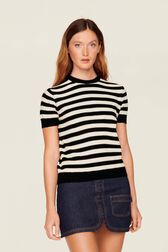 Women Poor Boy Striped Short Sleeve Sweater Black/white details view 1