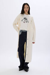 Cardigan long torsadé en laine Ecru vue portée de face