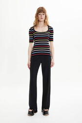 T-shirt col ouvert picots rayé multicolore femme Multico raye noir vue portée de face