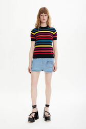Women Poor Boy Striped Short Sleeve Sweater Multico striped front worn view