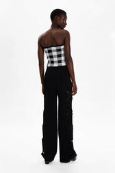 Women Openwork Floral Knit Trousers Black back worn view