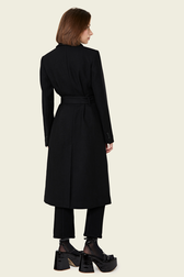 Women Long Black Wool Blend Coat Black back worn view