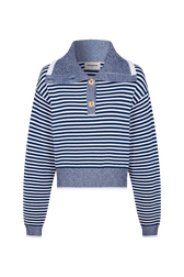 Pull camionneur marinière en coton mélangée Raye blanc / bleu vue de face