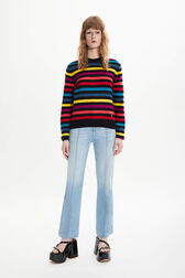 Women Striped Long sleeve Poorboy Sweater Multico striped front worn view