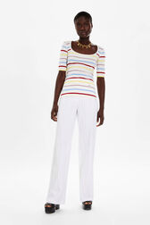 Women Picot Multicolor Striped Open Neck T-Shirt Multico white striped front worn view