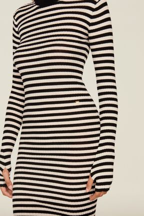 Women Rib Sock Knit Striped Maxi Dress Black/white details view 2