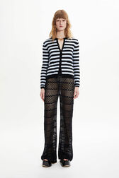Women Poorboy knitted striped cardigan Striped black/bby blue front worn view