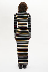 Striped Knit Polo-Collar Dress Black/ecru back worn view