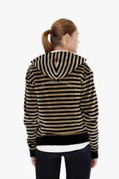 Women Velvet Hoodie Striped black/khaki back worn view