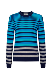 Striped long-sleeved round-neck sweater Blue/silver stripe front view