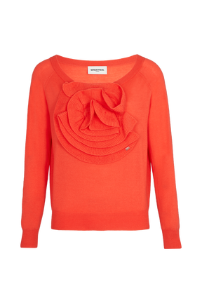 Pull laine mérinos fleur en relief femme Corail vue de face