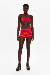 Women Two-Colour Openwork Striped Shorts Striped fuchsia/coral front worn view