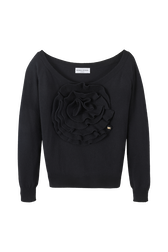 Women Plain Flower Sweater Black front view
