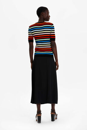 Women Multicolor Striped Ribbed Short Sleeve Top Multico striped back worn view