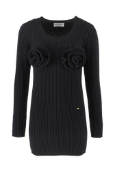 Women Flowers Ribbed Short Dress Black front view