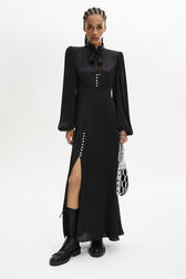 Robe longue en satin col lavalière Noir vue portée de face