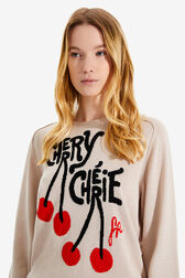 Women Cherry Print Sweater Beige details view 2