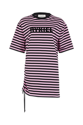 Striped short-sleeved crew-neck dress Pink/black front view