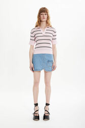 Women Multicolor Striped Polo Baby pink front worn view
