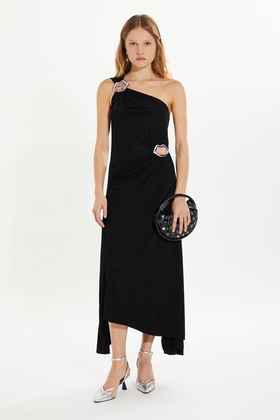 High resolution - Draped asymmetrical jersey dress Black front worn view High resolution - Draped asymmetrical jersey dress Black front worn view