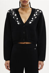 Cardigan col V cabochon strass maille femme Noir vue de détail 2
